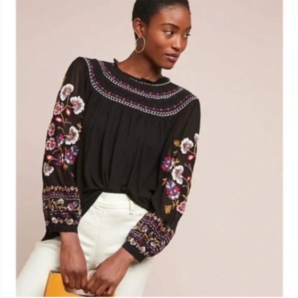 Anthropologie Embroidered Black Floral Long-Sleeve Top XS